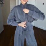 Casual Style Simple Fashion Graceful Stand Collar Zipper Jacket Pants Suit - Image 4