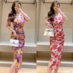 Oil Painting Rose Print Dress Summer Light Mature Style Mesh