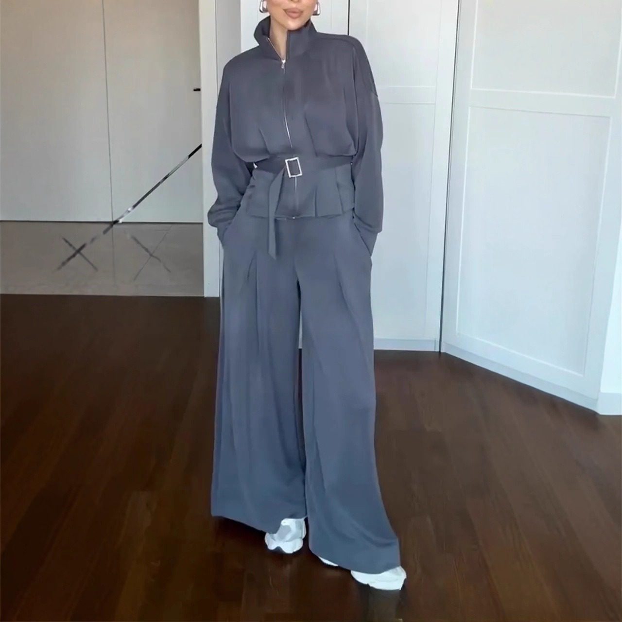 b5483586-da59-4402-8b61-32823bc22463.jpg Casual Style Simple Fashion Graceful Stand Collar Zipper Jacket Pants Suit - Image 1