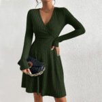 European And American Sexy Women's V-neck Waist-cinching Popular Fabric Ribbed Brushed Long-sleeve Dress - Image 5