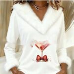 Women's Christmas Print Fur Collar Spliced V-neck T-shirt - Image 2