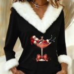 Women's Christmas Print Fur Collar Spliced V-neck T-shirt - Image 7