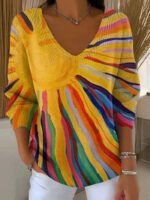 New Drop-shoulder V-neck Long-sleeve Printed Women's Pullover - Image 5