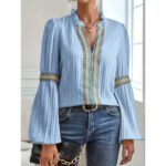 Womens Solid-Color Crochet-Trimmed Patchwork Loose Lantern-Sleeve Shirt - Image 4