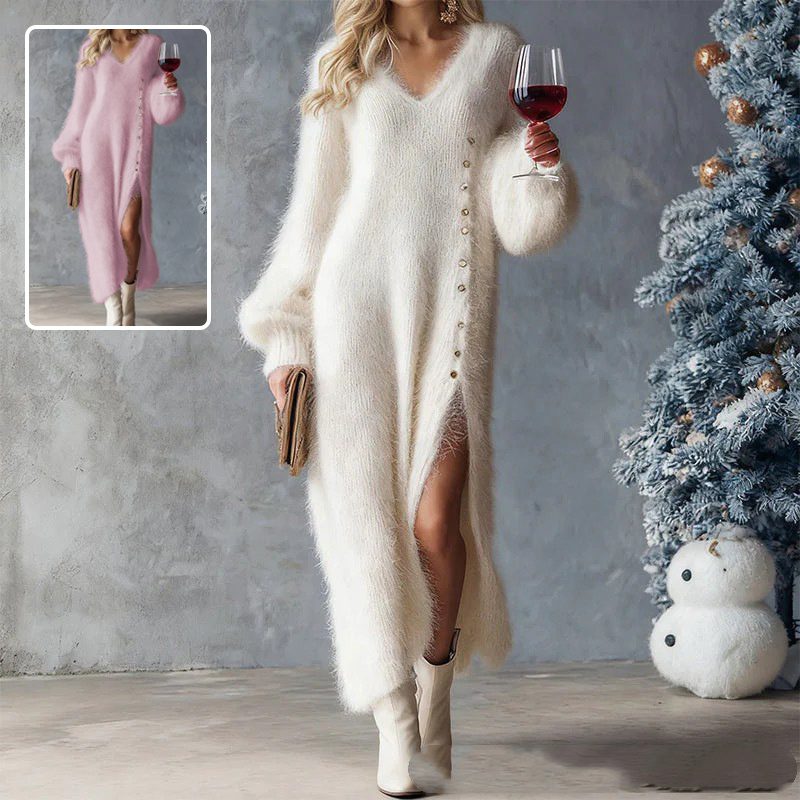 0b5b1595-2b8b-4a35-8358-07975a3cd3fe.jpg Chic Split Knitted Dress With Buttons Design Winter V-Neck Fleece Maxi Dresses Evening Party Club Fashion Women's Clothing - Image 1