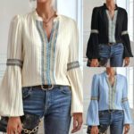 Womens Solid-Color Crochet-Trimmed Patchwork Loose Lantern-Sleeve Shirt - Image 6