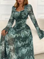 Elegant Square-neck Long-sleeve Tie-dye Printed Dress - Image 4