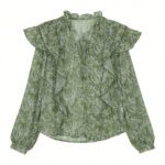 Womens Floral Print V-Neck Long-Sleeve Patchwork Ruffle-Trim Loose Shirt - Image 6