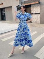 Floral Lapel Loose Fitting Short Sleeve Dress - Image 5