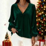 Velvet V-neck Elegant And Luxurious Lantern-sleeve Women's Top - Image 9