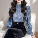 Womens Sophisticated Blue Stand-Collar Velvet Shirt - Image 5