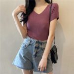 Cream-yellow V-neck Cap-sleeve Short-sleeve Womens Summer Top - Image 4