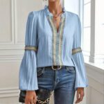 Womens Solid-Color Crochet-Trimmed Patchwork Loose Lantern-Sleeve Shirt
