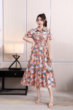 Floral Lapel Loose Fitting Short Sleeve Dress - Image 3