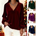 Velvet V-neck Elegant And Luxurious Lantern-sleeve Women's Top - Image 6