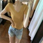 Cream-yellow V-neck Cap-sleeve Short-sleeve Womens Summer Top - Image 3