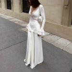 Womens Stylish V-neck Patchwork Hollow-out White Dress - Image 5