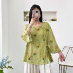 Womens Relaxed-fit Chinese-style Shirt With Flared Sleeves