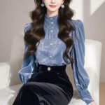 Womens Sophisticated Blue Stand-Collar Velvet Shirt - Image 3