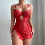 Womens See-Through Embroidered Lace Babydoll And Thong Two-Piece Set
