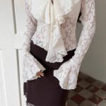 Womens Solid-Color French Style Flared-Sleeve Ruffle-Trim Shirt - Image 5