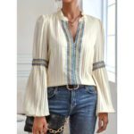 Womens Solid-Color Crochet-Trimmed Patchwork Loose Lantern-Sleeve Shirt - Image 2