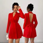 Elegant Double-Breasted V-Neck Backless Long-Sleeve Dress With A Big Bow