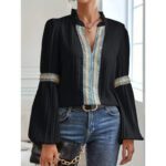Womens Solid-Color Crochet-Trimmed Patchwork Loose Lantern-Sleeve Shirt - Image 5