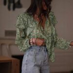 Womens Floral Print V-Neck Long-Sleeve Patchwork Ruffle-Trim Loose Shirt