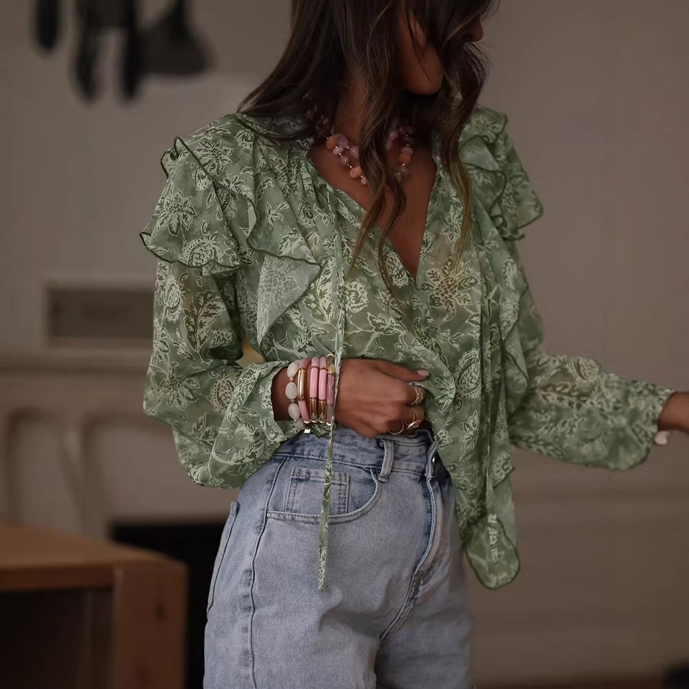 b6c4a106-bdf7-4d24-a48b-b53a8f420334.jpg Womens Floral Print V-Neck Long-Sleeve Patchwork Ruffle-Trim Loose Shirt - Image 1