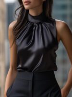 Womens Solid-Color Pleated Satin Sleeveless Shirt - Image 5