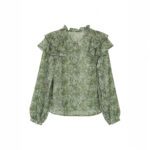 Womens Floral Print V-Neck Long-Sleeve Patchwork Ruffle-Trim Loose Shirt - Image 4