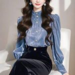 Womens Sophisticated Blue Stand-Collar Velvet Shirt - Image 2