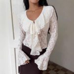 Womens Solid-Color French Style Flared-Sleeve Ruffle-Trim Shirt - Image 2