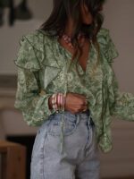 Womens Floral Print V-Neck Long-Sleeve Patchwork Ruffle-Trim Loose Shirt - Image 5