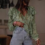 Womens Floral Print V-Neck Long-Sleeve Patchwork Ruffle-Trim Loose Shirt - Image 2