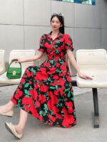 Floral Lapel Loose Fitting Short Sleeve Dress - Image 2