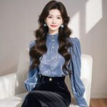 Womens Sophisticated Blue Stand-Collar Velvet Shirt