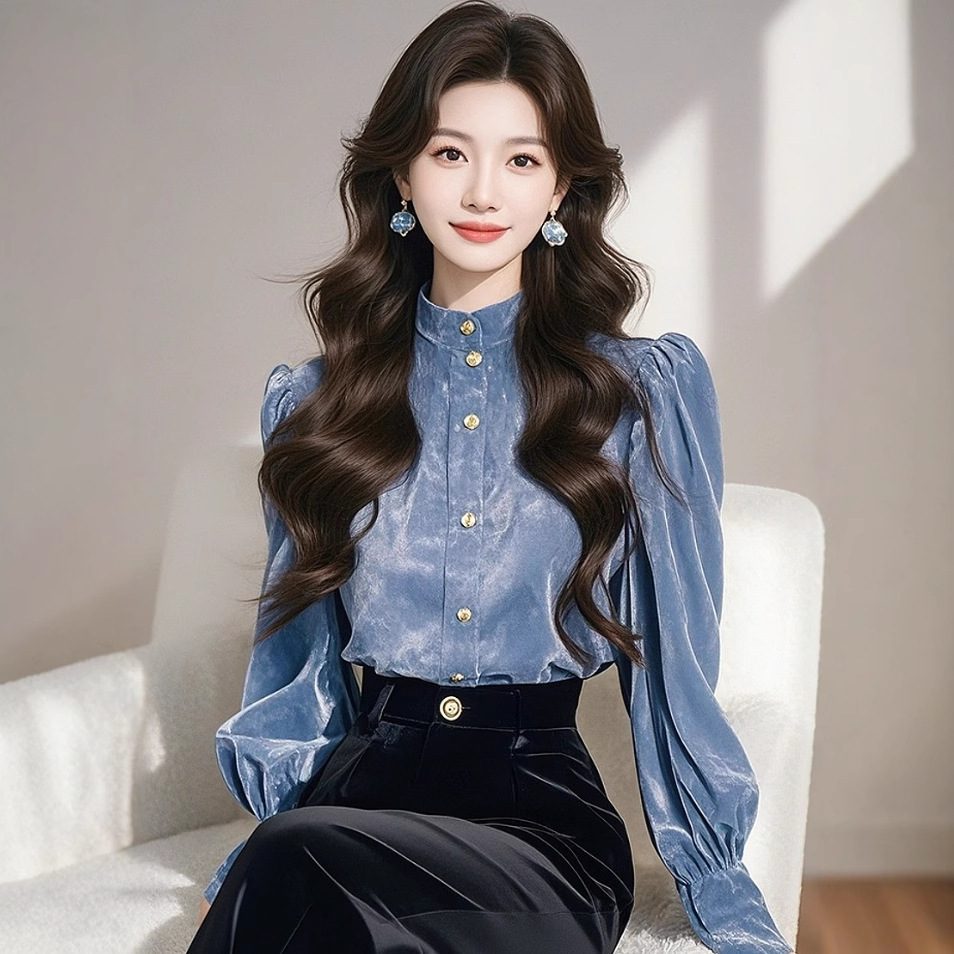 eea18bf4-86d4-49ce-9ac1-759cfc5fc421.jpg Womens Sophisticated Blue Stand-Collar Velvet Shirt - Image 1