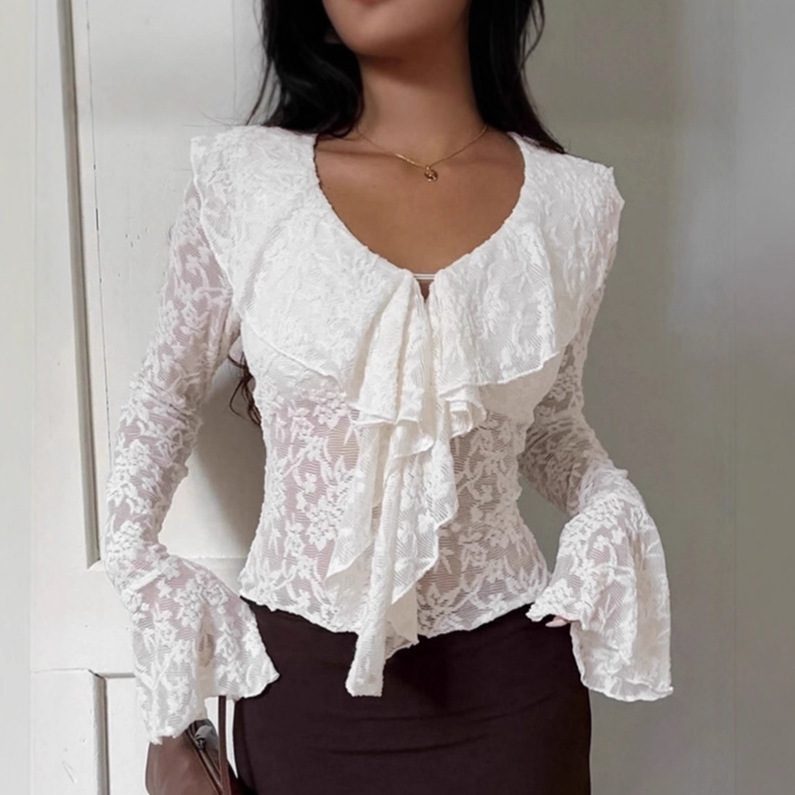 f1dabf9d-7ade-4740-b855-11b85a26ab31.jpg Womens Solid-Color French Style Flared-Sleeve Ruffle-Trim Shirt - Image 1