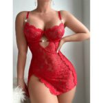 Womens See-Through Embroidered Lace Babydoll And Thong Two-Piece Set - Image 6
