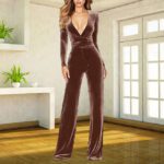 Womens Fashion Velvet Wide-Leg Jumpsuit With Long Sleeves - Image 4