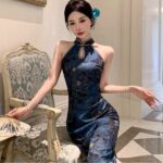 Womens Retro Printed Cheongsam Dress
