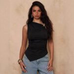 Solid-color Asymmetrical Pleated Figure-flattering Sleeveless Tank Top