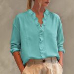 Womens Casual Long-sleeve V-neck Blouse With Lace Trim - Image 6