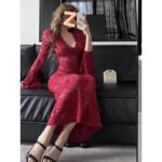 Red V-neck Lace Hollow-out Long-sleeve Dress - Image 8