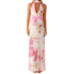 Womens Floral Halterneck Deep V-Neck Backless Bodycon Maxi Dress - Image 8