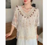 Womens Fashion Embroidered Hollow Lace Short-Sleeve Shirt - Image 4