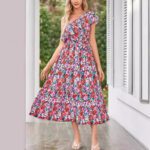 Womens Ruffle-Trimmed Strapped Off-the-Shoulder Printed Dress