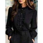 Womens Solid-Color French-Elegant Ruffle-Trimmed Shirt - Image 6